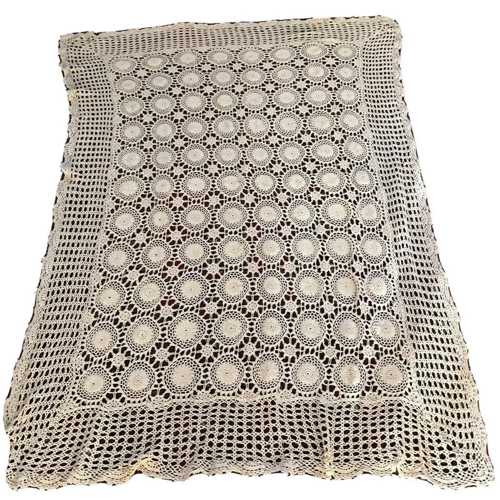 Vintage thin crochet lace doily cream tablecloth handmade classic 48 x …